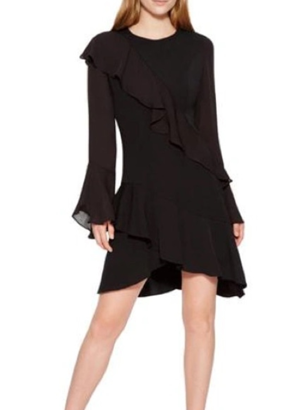 PARKER Alaska Combo Dress Black Size 6 Ruffle Bell Sleeve Midi Cocktail Dress